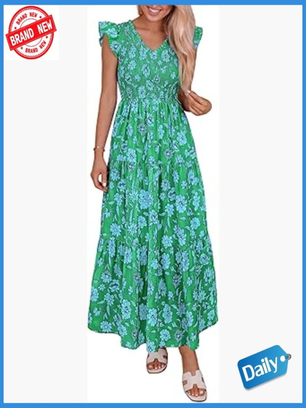 Boho Floral Maxi Dress Smocked V Neck Ruffle Sleeve Flowy Beach